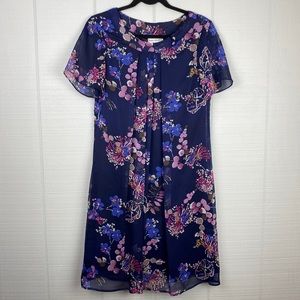 Vintage Karin Stevens Blue Pink Floral Lined Short Sleeve Dress Pleats Buttons